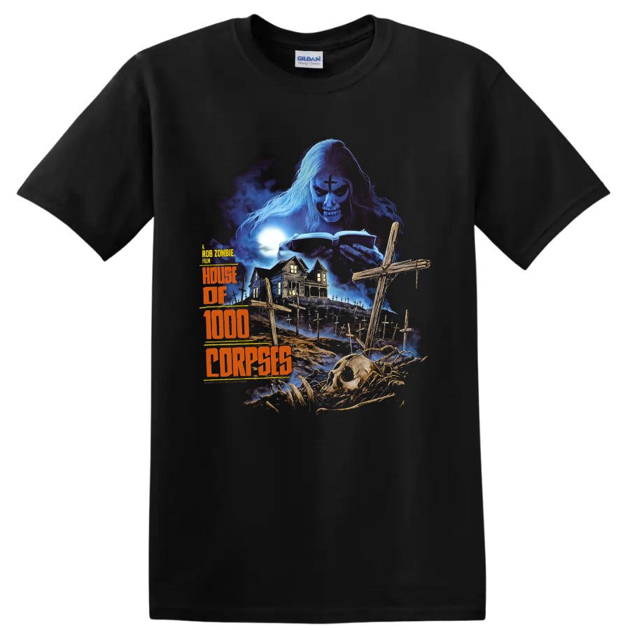 House of 1000 Corpses gothic graveyard artwork with skeleton and haunted house on a Black T Shirt