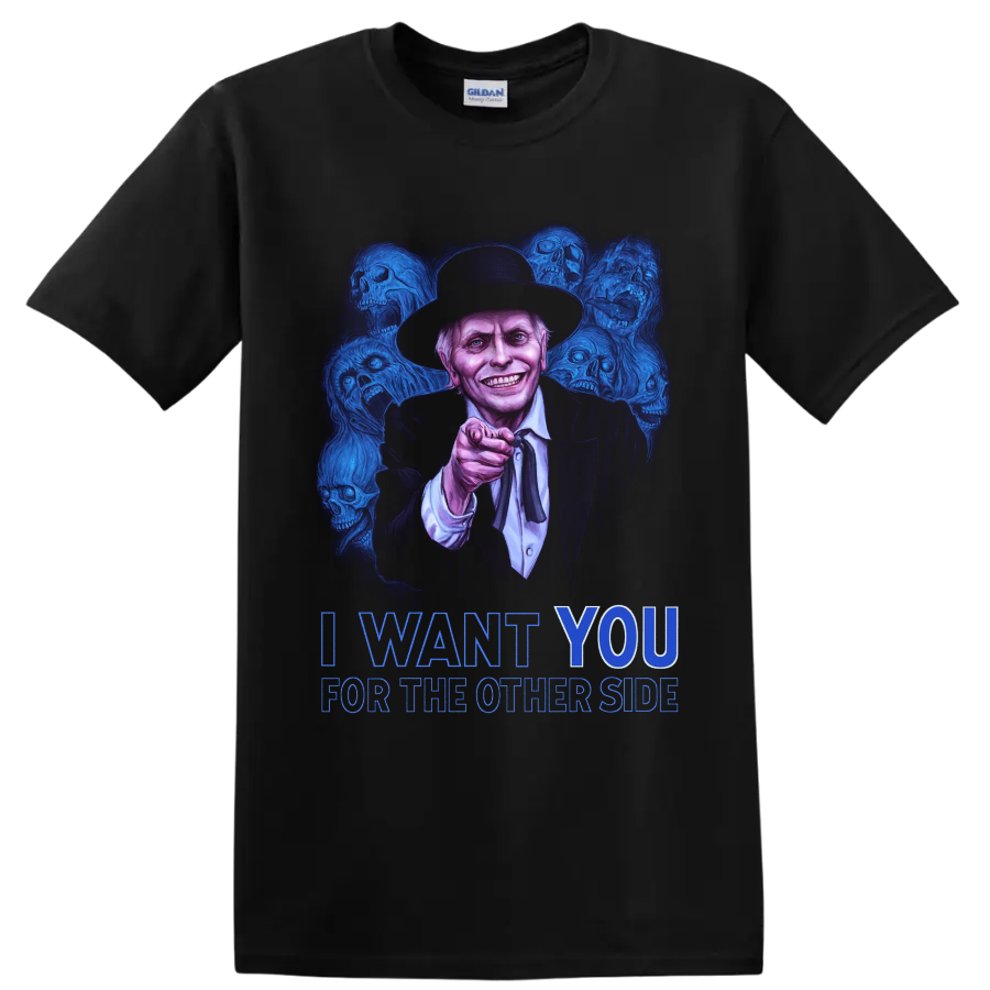 Poltergeist II preacher horror art with blue skulls and I Want You text on a Black T Shirt