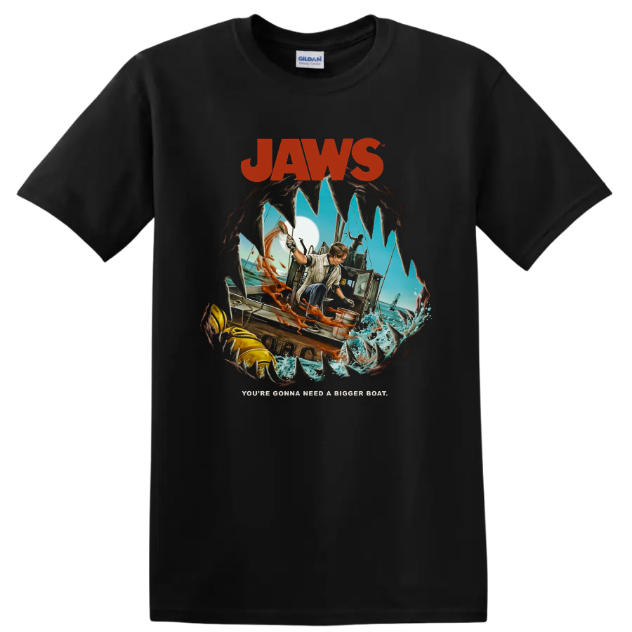 Jaws: The Revenge shark fishing boat graphic with You're Gonna Need a Bigger Boat on a Black T Shirt