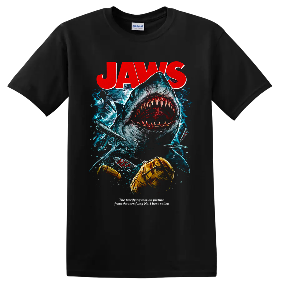 Jaws shark attack graphic print with diver and underwater horror artwork on a Black T Shirt