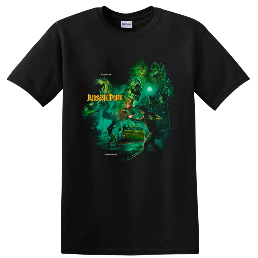 Jurassic Park dinosaur escape graphic with rainy jungle scene and movie lettering on a Black T Shirt