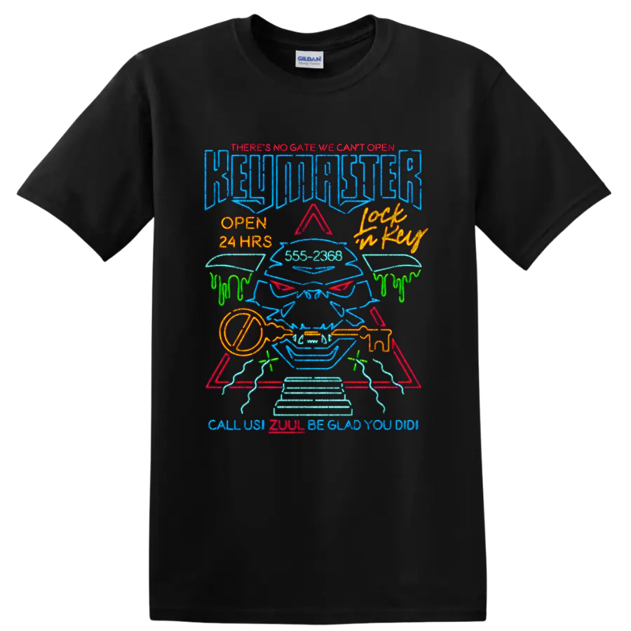 Ghostbusters neon gatekeeper graphic with key and retro lettering on a Black T Shirt