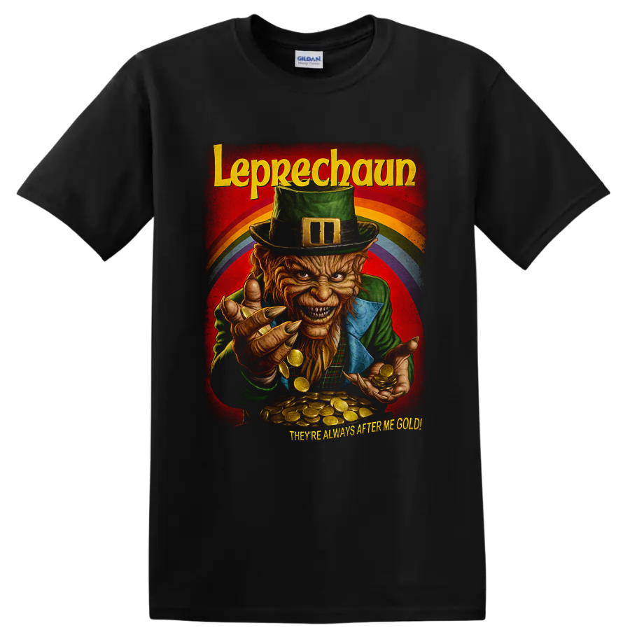 Leprechaun horror movie graphic with gold coins and rainbow on a Black T Shirt