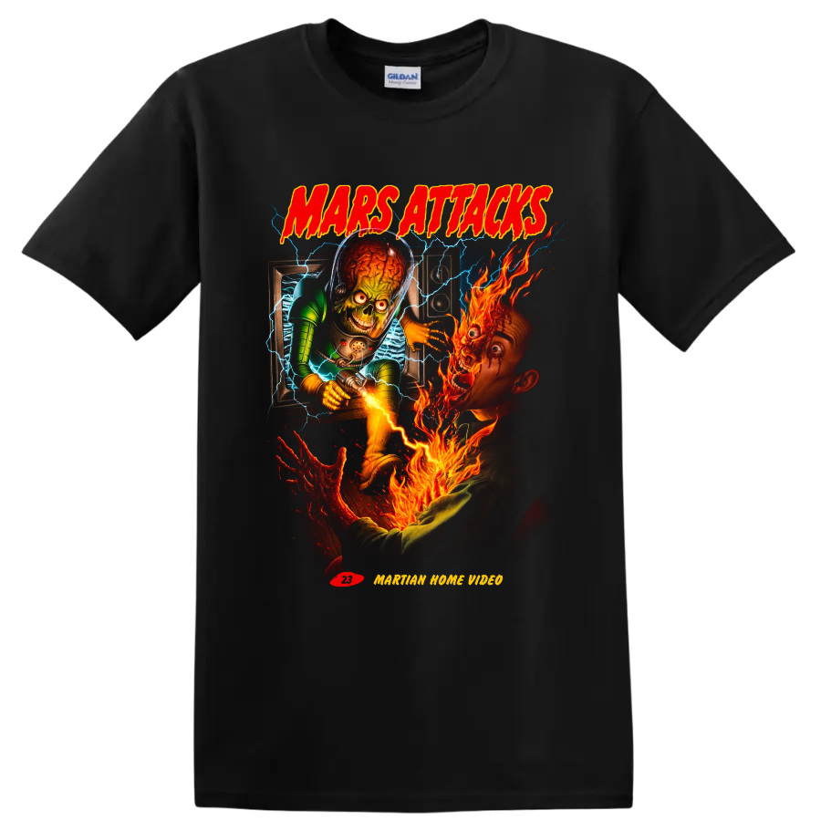 Mars Attacks! Martian invasion graphic with flames, lightning, and retro lettering on a Black T Shirt