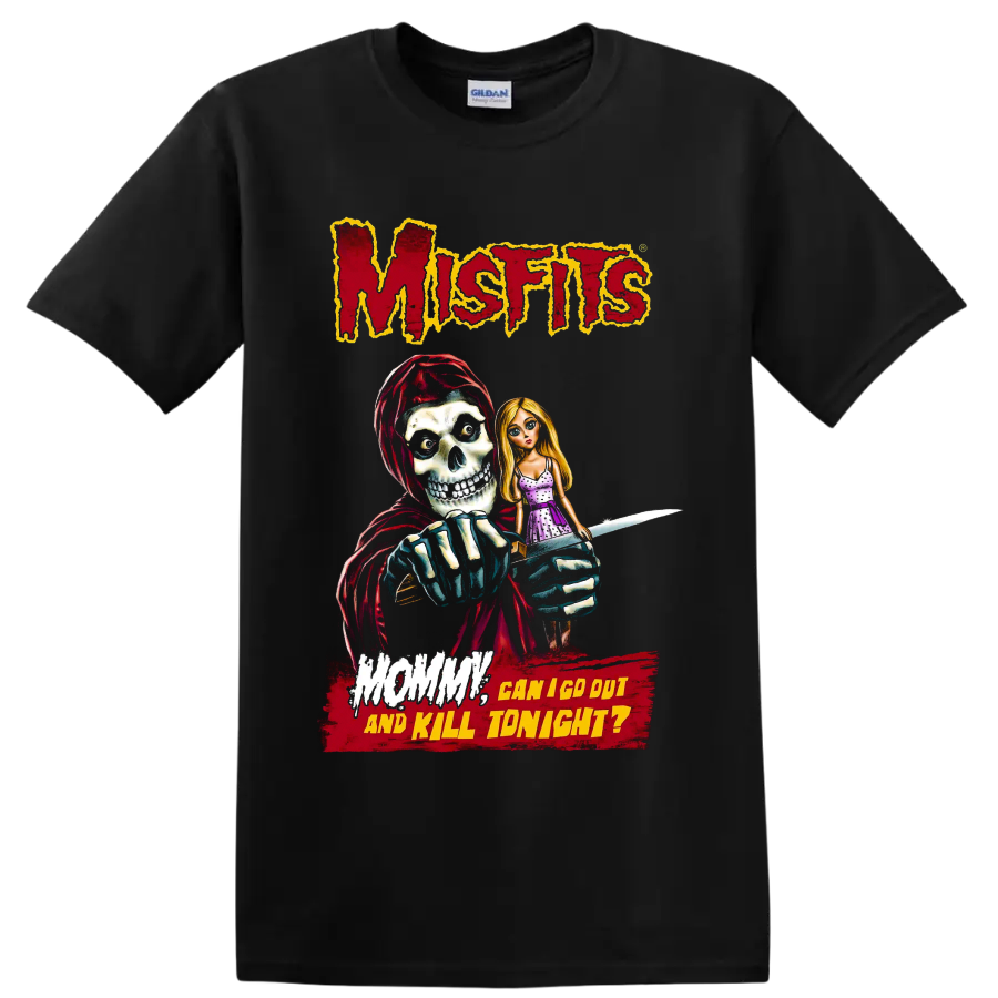 Misfits horror graphic with hooded skull, blonde doll, knife, and distressed text on a Black T Shirt