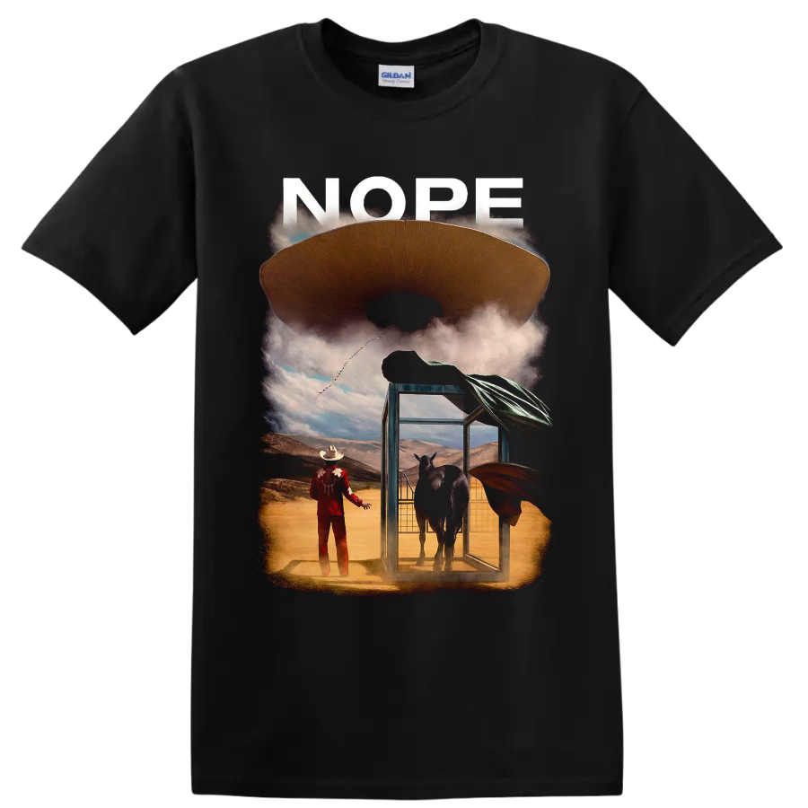 Nope movie graphic with flying saucer, horse ranch scene, and NOPE text on a Black T Shirt