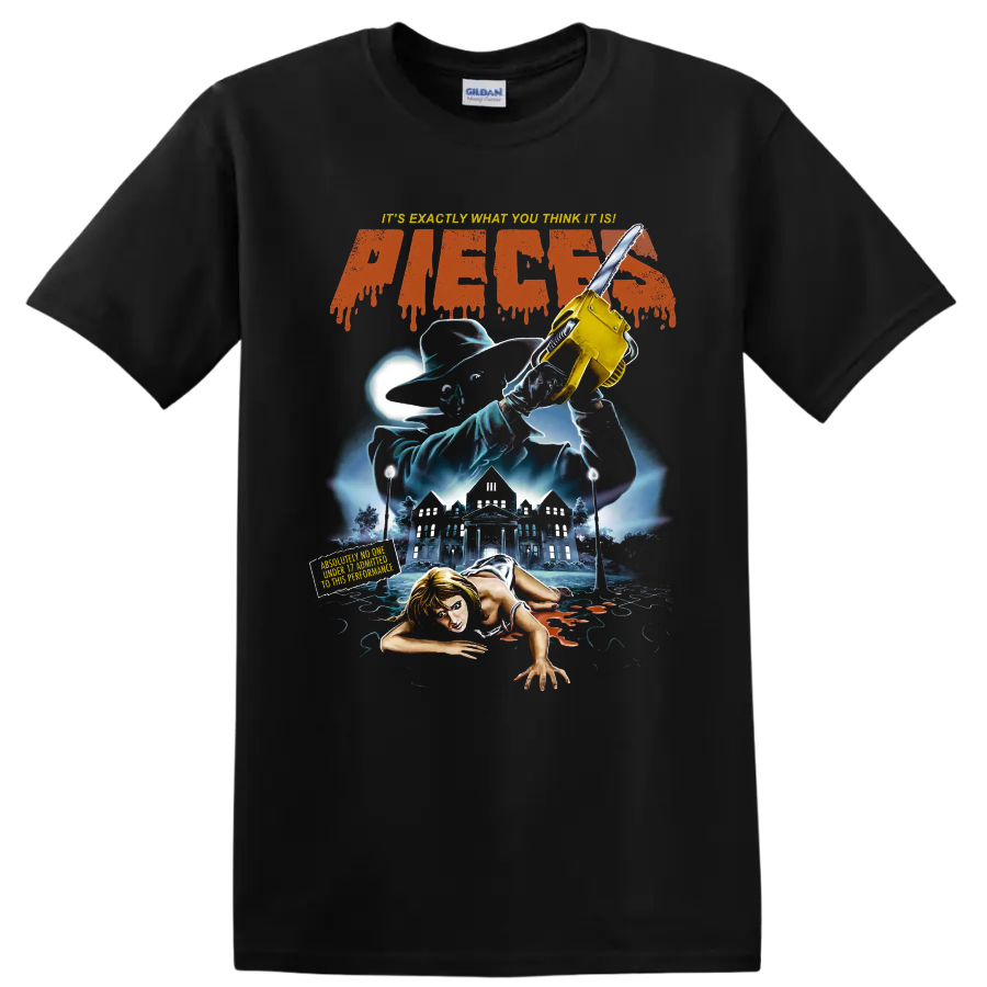 Pieces horror movie graphic with chainsaw, haunted mansion, and slasher artwork on a Black T Shirt