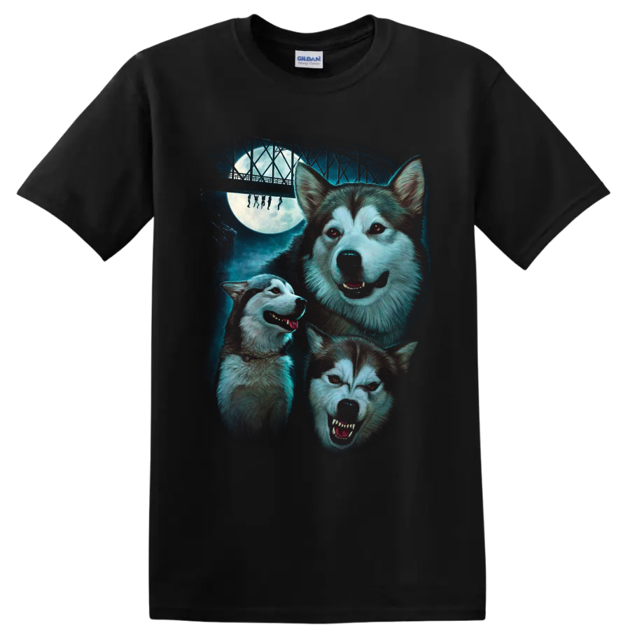 Three huskies under a full moon and bridge in horror movie art on a Black T Shirt