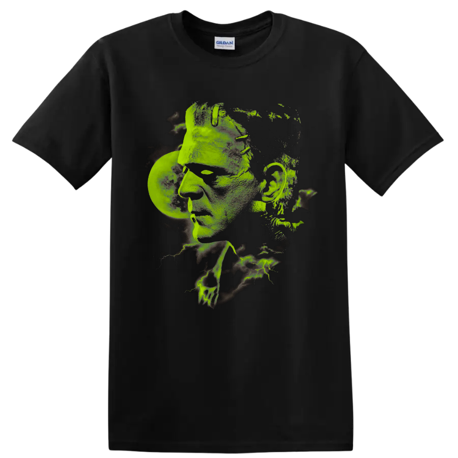 Frankenstein monster portrait with green lightning distressed graphic on a Black T Shirt