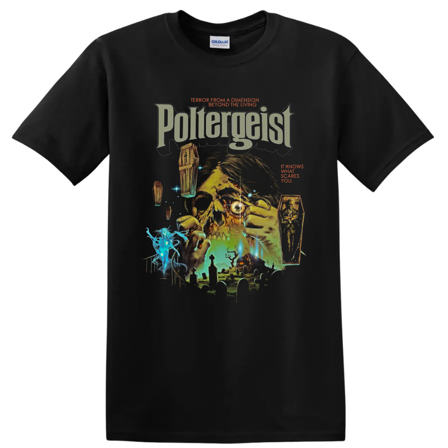 Poltergeist distressed horror collage with haunted house and cemetery on a Black T Shirt