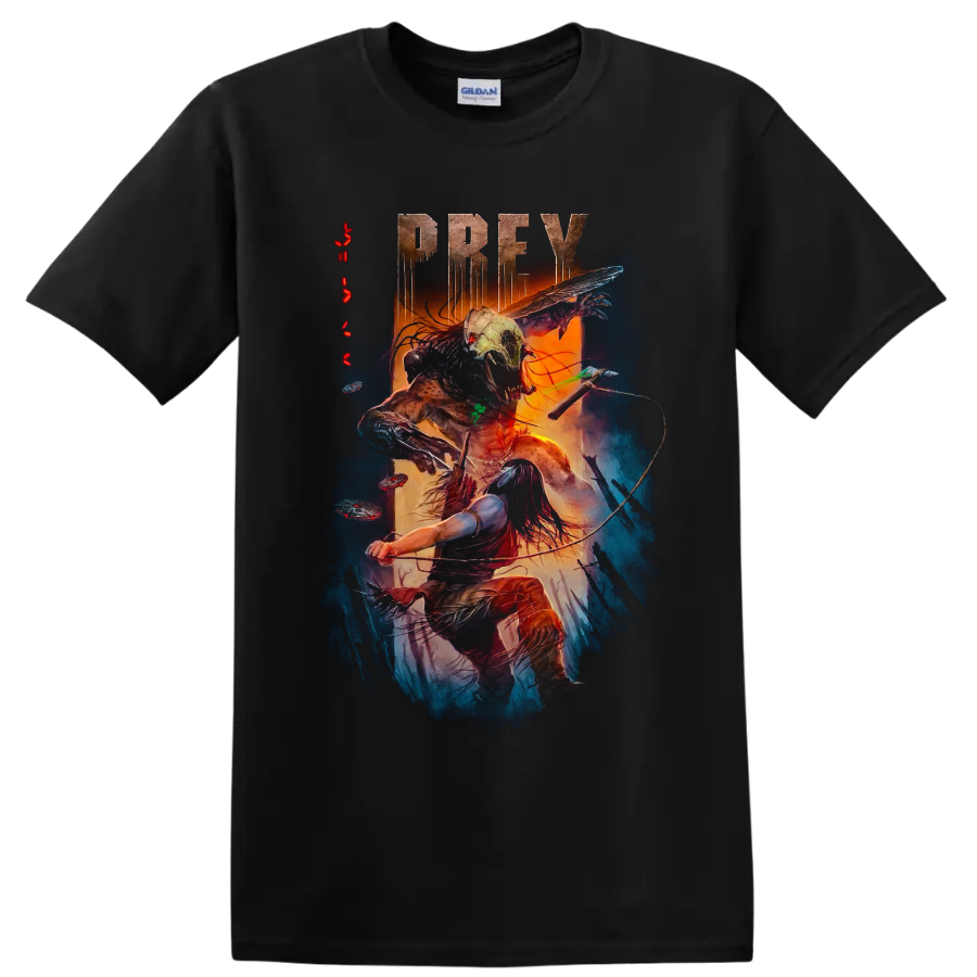 Prey graphic print of warrior battling a masked alien hunter on a Black T Shirt