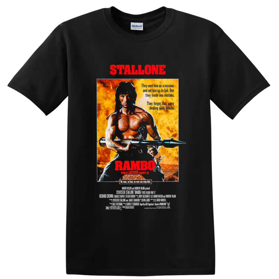 Rambo First Blood Part II fiery vintage movie poster graphic on a Black T Shirt