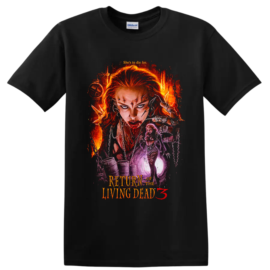 Return of the Living Dead 3 fiery zombie horror graphic with red-haired woman on a Black T Shirt