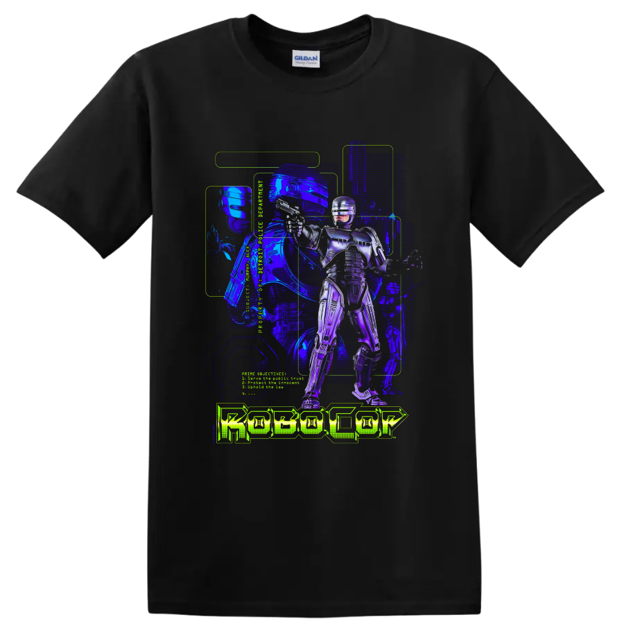 RoboCop cybernetic police officer neon sci-fi artwork with ROBOCOP text on a Black T Shirt