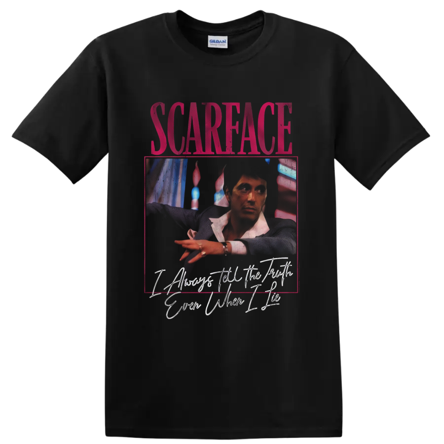 Scarface vintage crime drama portrait graphic with distressed lettering on a Black T Shirt