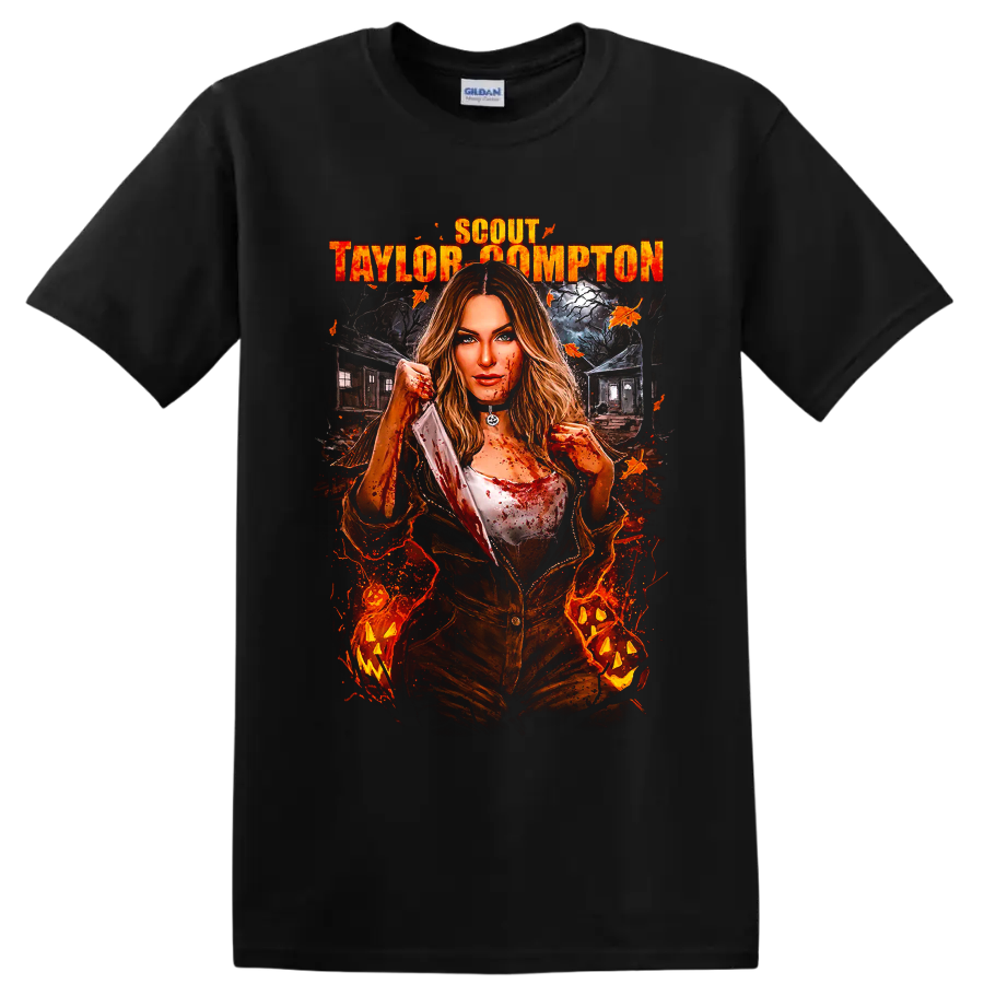 Laurie Strode horror graphic with Scout Taylor-Compton text on a Black T Shirt