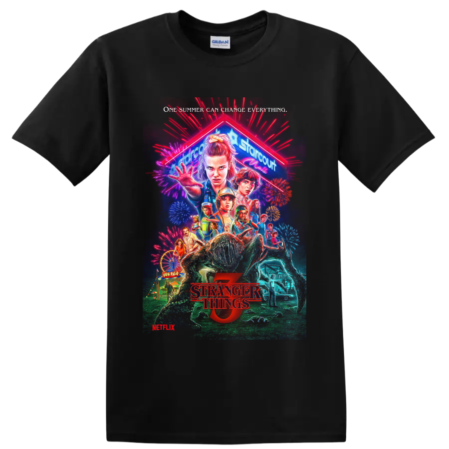 Stranger Things 2 retro neon horror poster character collage on a Black T Shirt