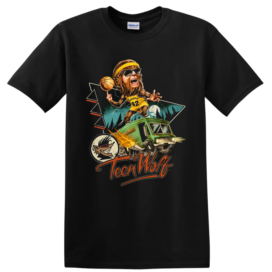Teen Wolf Too retro basketball werewolf graphic with green van on a Black T Shirt