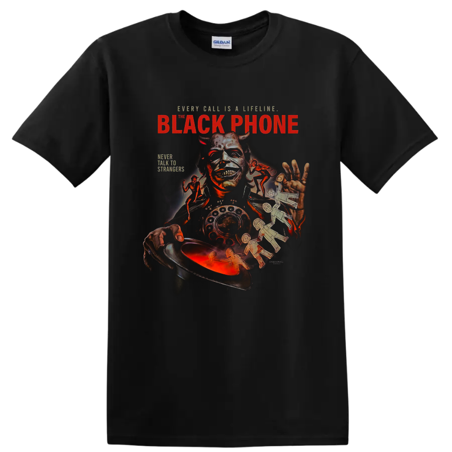 The Black Phone masked villain and rotary phone horror graphic print on a Black T Shirt