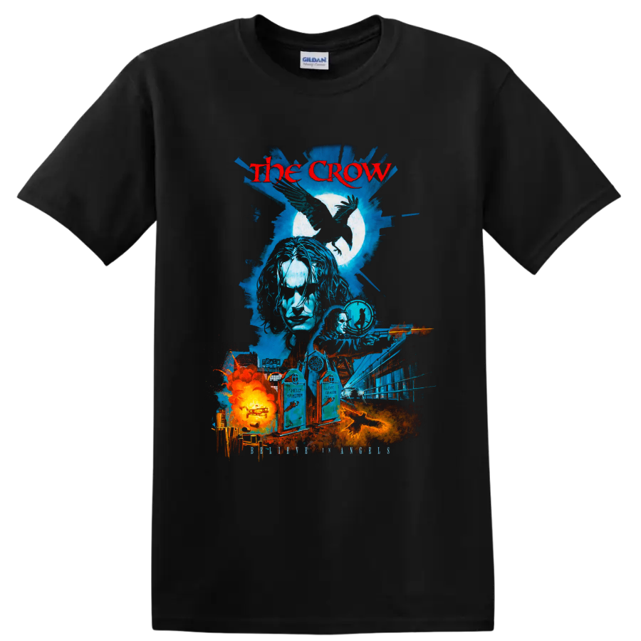 The Crow gothic raven movie collage with moon, cityscape, and fiery graphic on a Black T Shirt