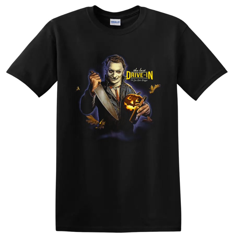 The Last Drive In 2 horror movie host with knife and pumpkin graphic on a Black T Shirt