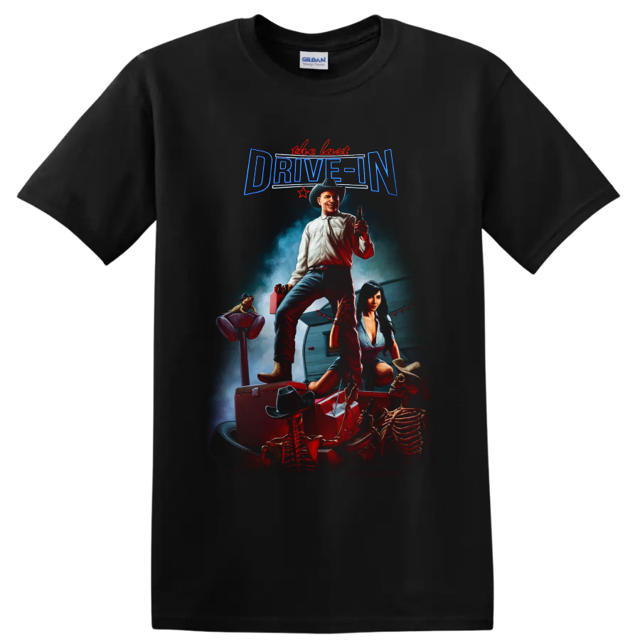 The Last Drive In cowboy and skeleton roadside horror poster art on a Black T Shirt