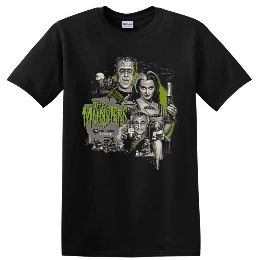The Munsters 2 gothic family portrait graphic print on a Black T Shirt