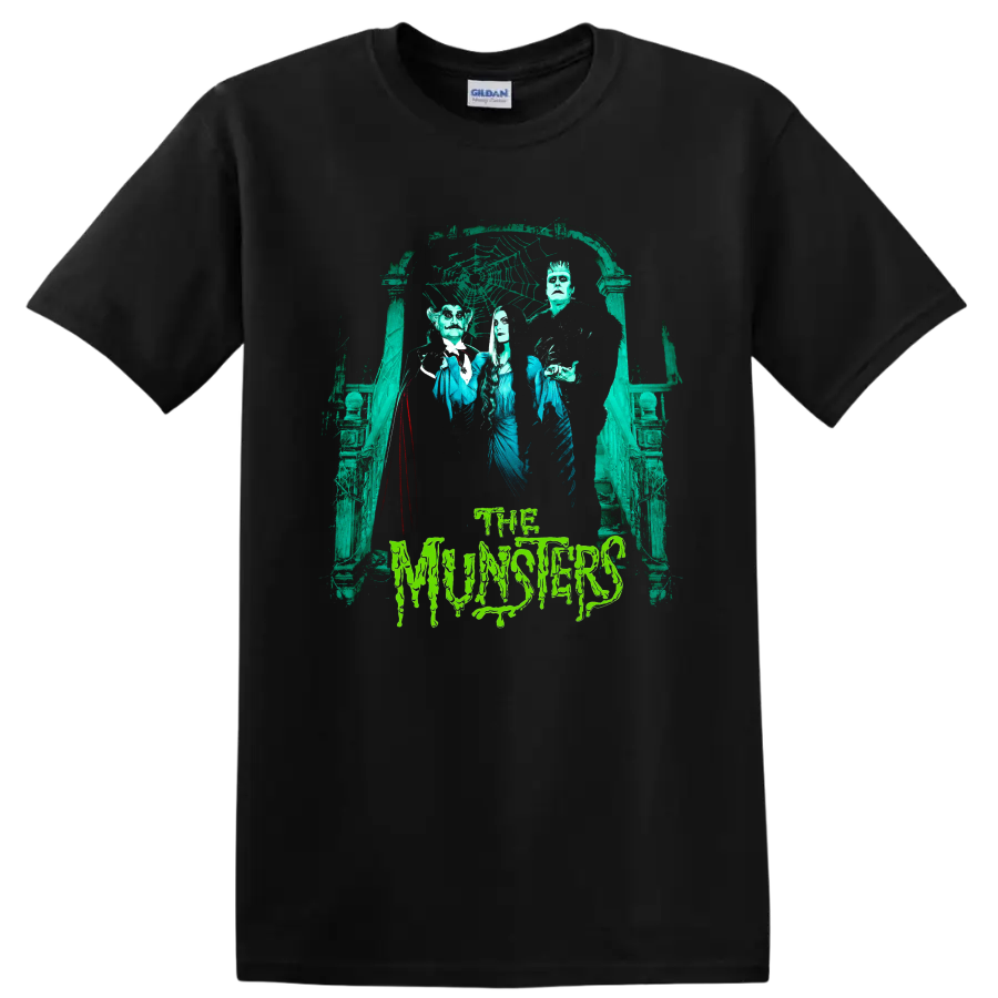 The Munsters gothic family portrait with haunted archway and dripping text on a Black T Shirt