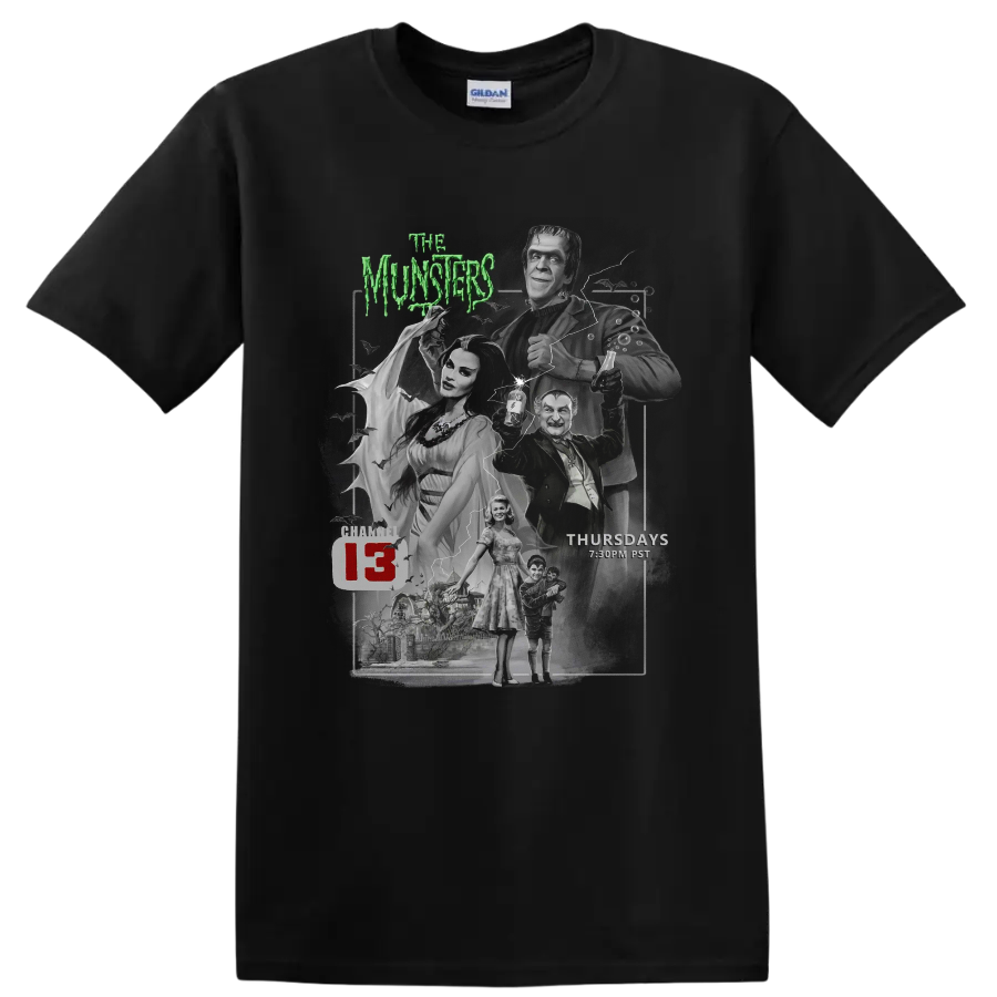 The Munsters 3 vintage gothic horror cast collage with green title text on a Black T Shirt