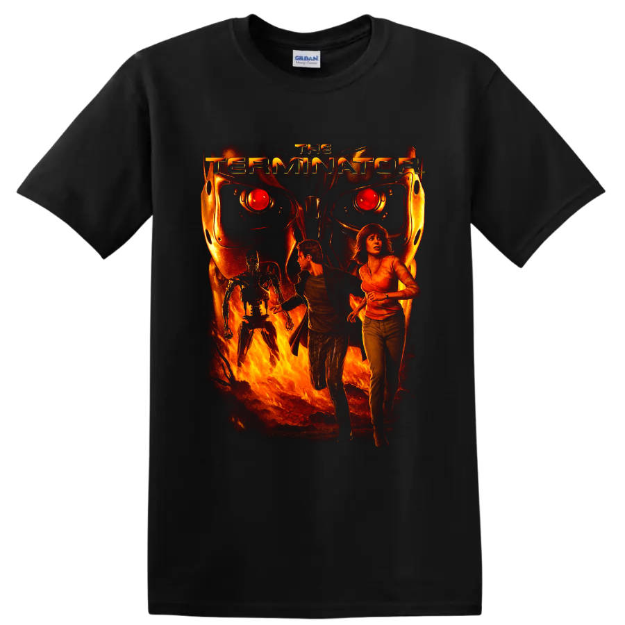 Terminator 3 fiery cyborg movie poster art with fleeing figures on a Black T Shirt