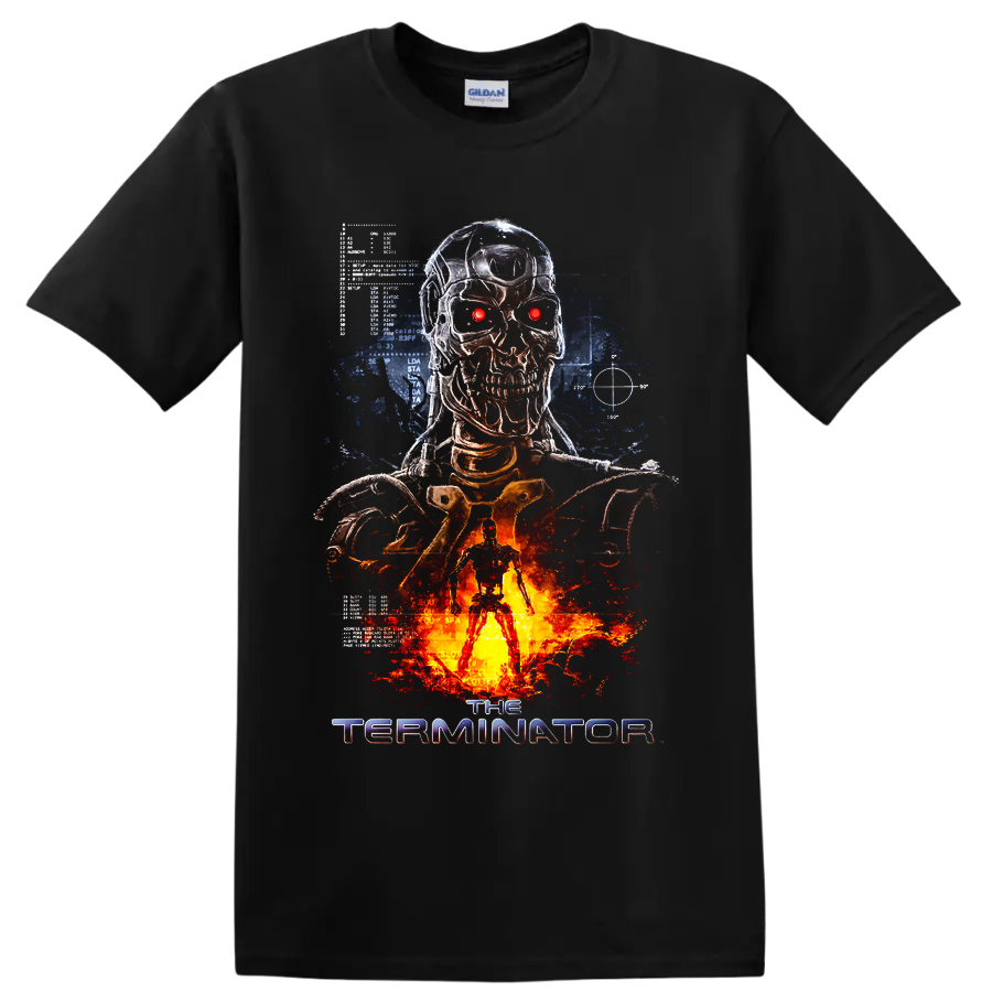 Terminator Salvation cybernetic skull with glowing red eyes and fiery sci-fi artwork on a Black T Shirt