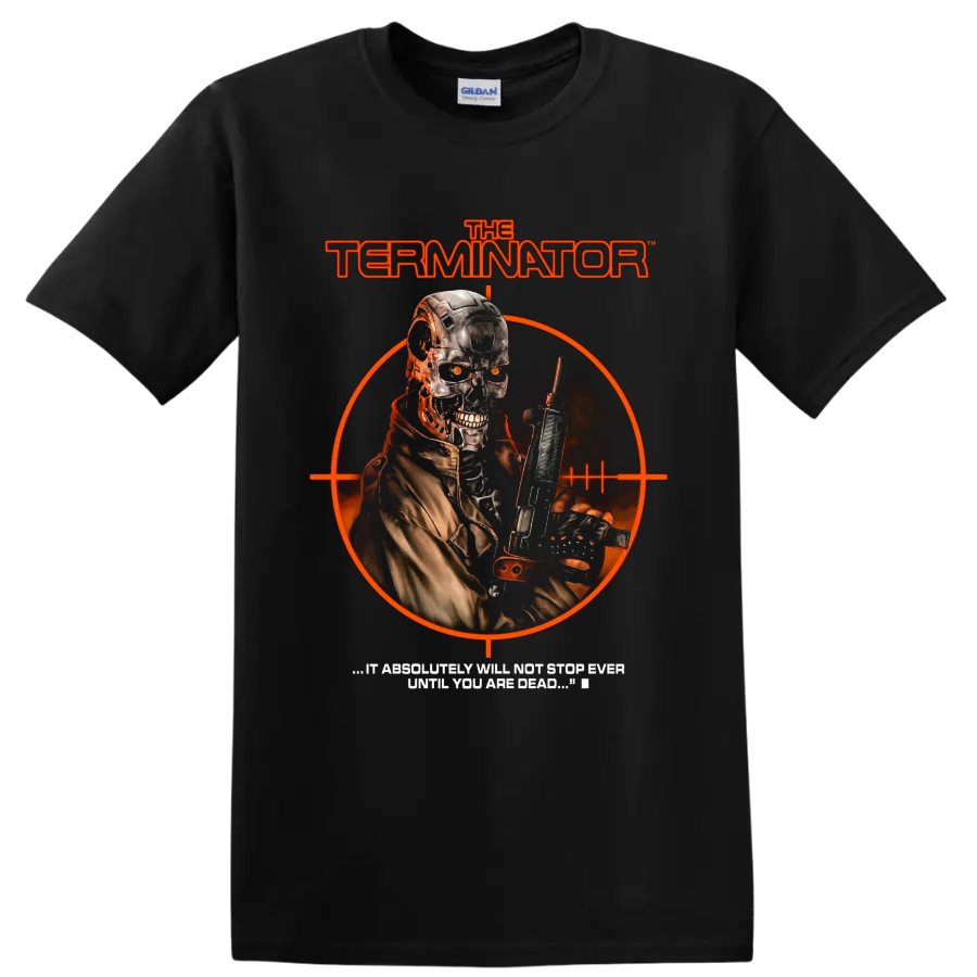 Terminator Genisys cybernetic soldier with rifle and orange target graphic on a Black T Shirt