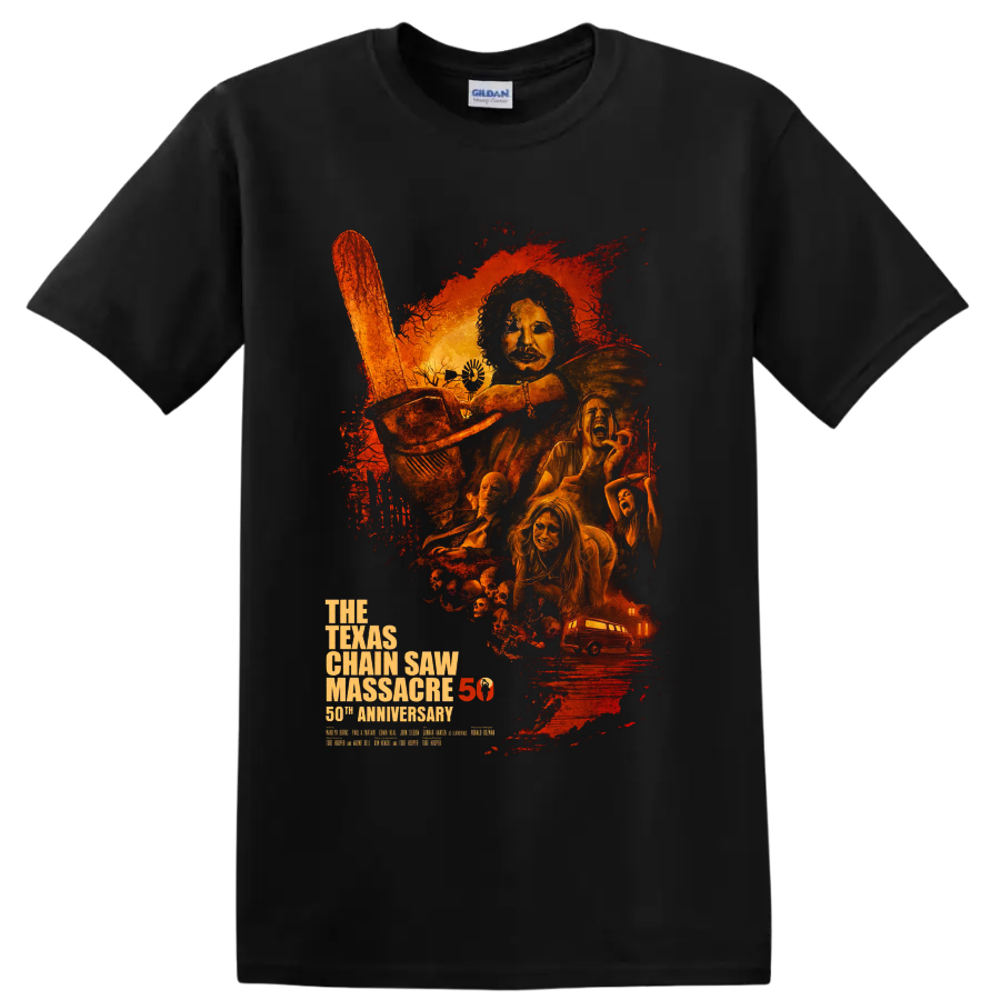 Leatherface chainsaw horror poster with 50th anniversary text on a Black T Shirt