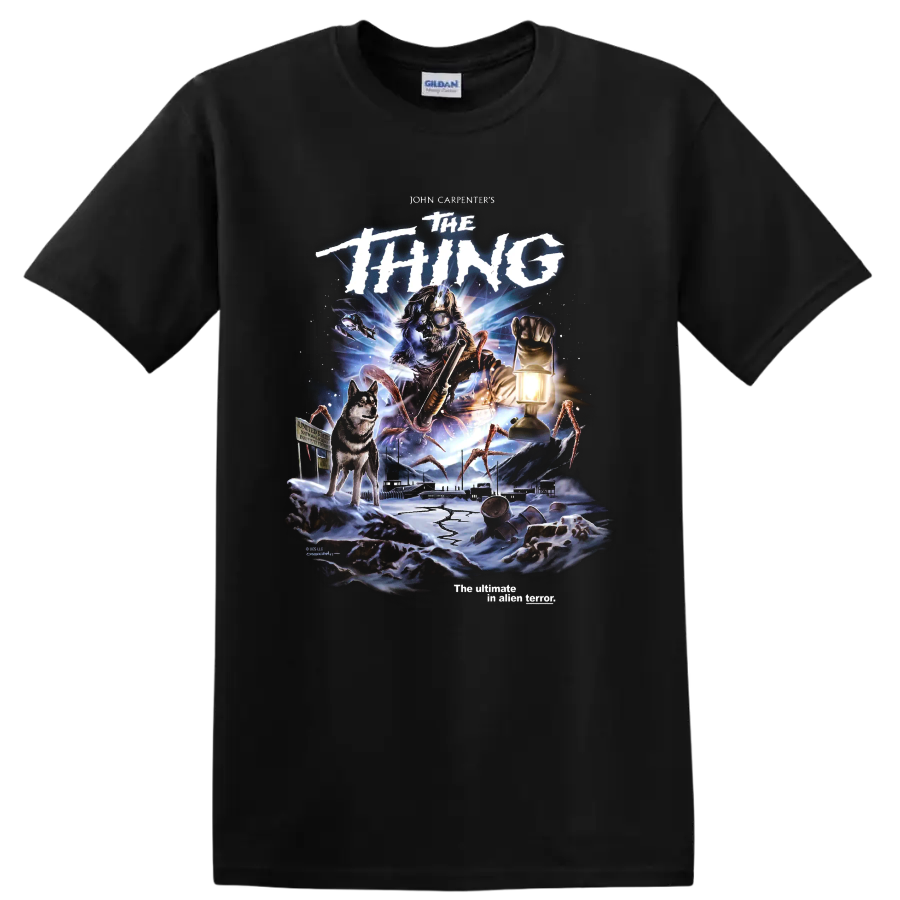 John Carpenter's The Thing arctic horror movie poster graphic with dog and lantern on a Black T Shirt
