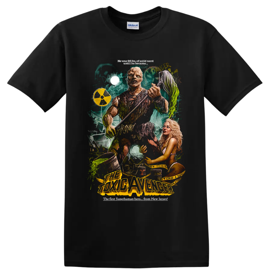 The Toxic Avenger radioactive mutant hero retro horror poster graphic on a Black T Shirt