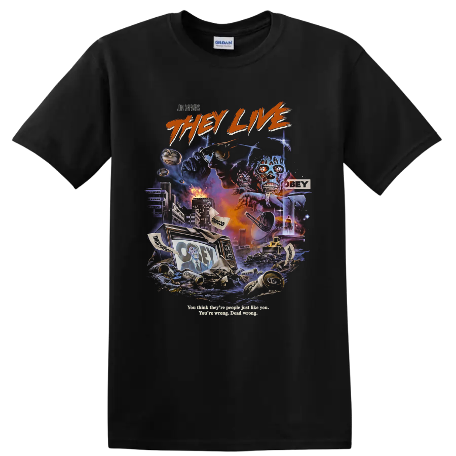 They Live dystopian horror collage with alien skulls and sunglasses on a Black T Shirt