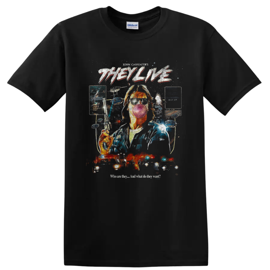 They Live retro sci-fi collage with alien sunglasses and flying saucers on a Black T Shirt