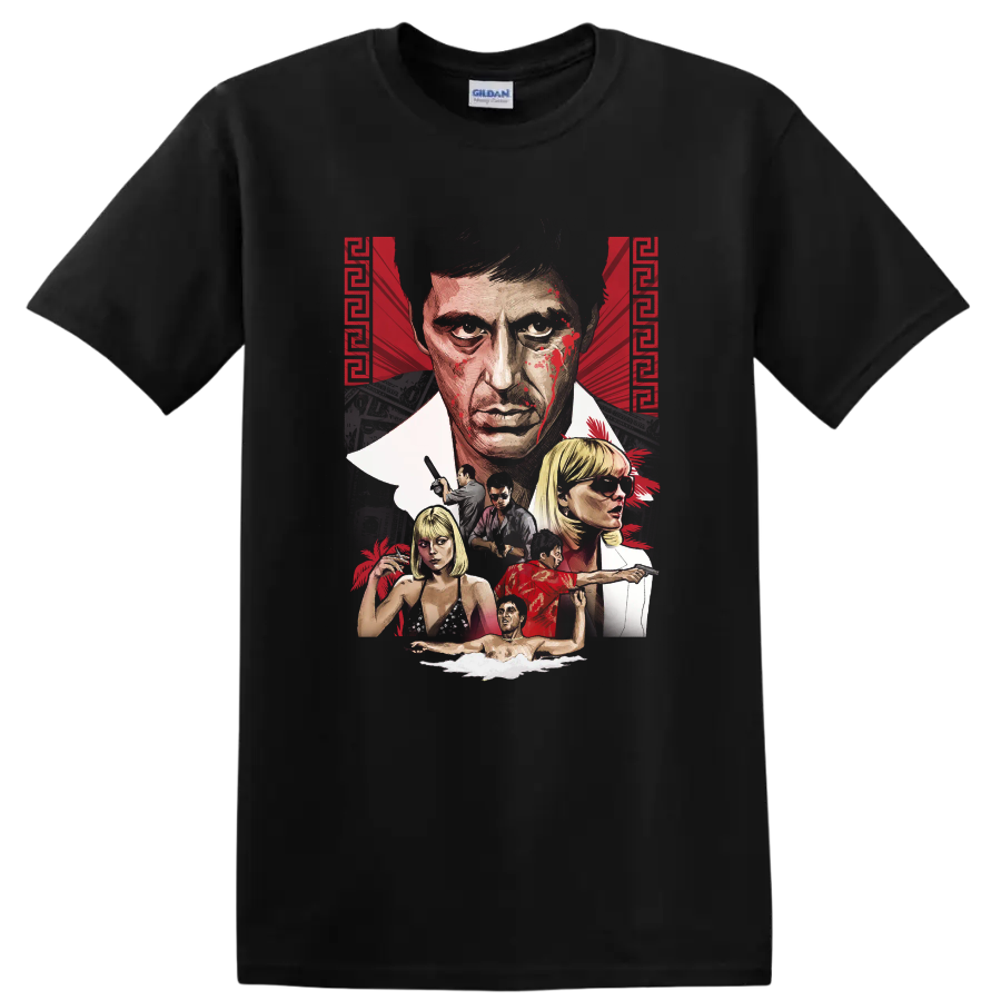 Scarface Tony Montana illustrated crime drama character collage on a Black T Shirt