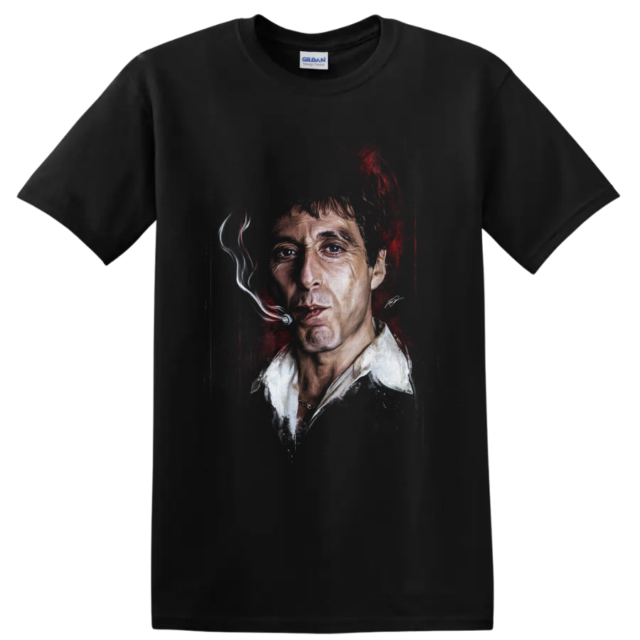 Scarface Tony Montana portrait graphic with smoking cigar and red accents on a Black T Shirt