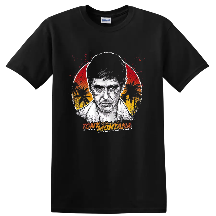 Tony Montana Scarface distressed portrait with tropical sunset graphic on a Black T Shirt