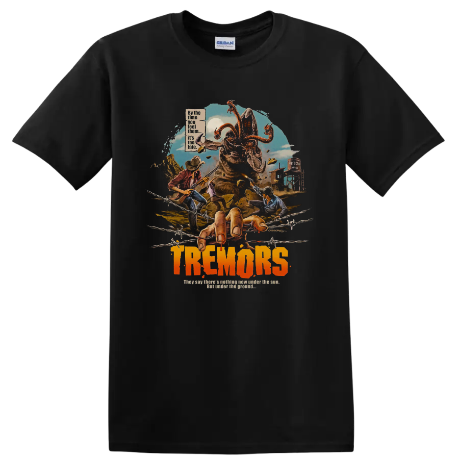 Tremors monster movie graphic with desert survivors and bold title text on a Black T Shirt