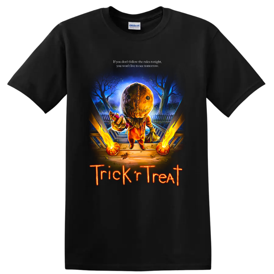 Trick 'r Treat pumpkin mask horror graphic with Halloween lettering on a Black T Shirt