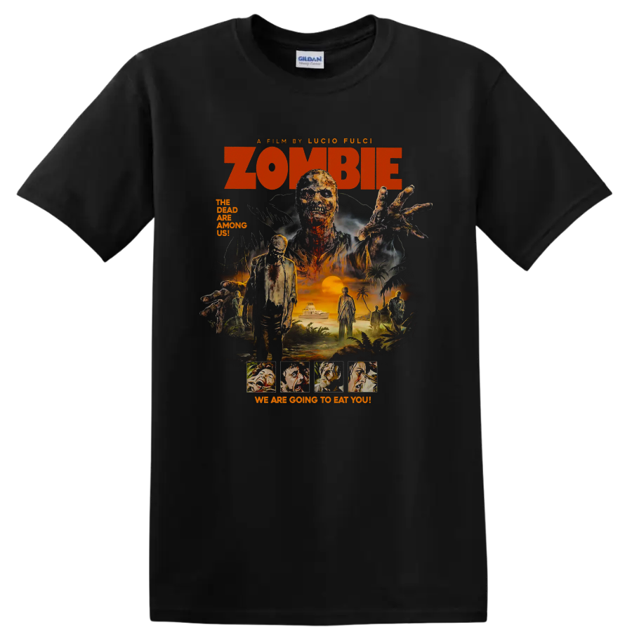 Zombie 1979 vintage Italian horror movie poster graphic with undead island scene on a Black T Shirt