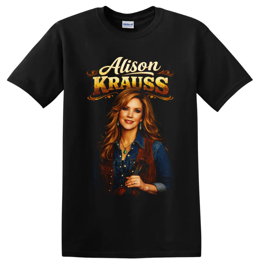 Alison Krauss fiddle portrait with distressed vintage western lettering on a Black T Shirt