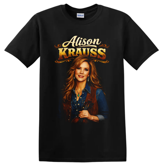 Alison Krauss fiddle portrait with distressed vintage western lettering on a Black T Shirt