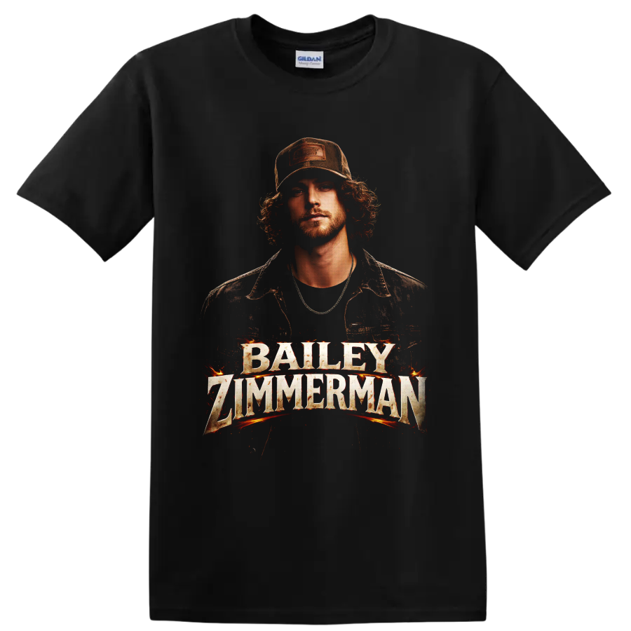 Bailey Zimmerman western portrait with fiery distressed name lettering on a Black T Shirt