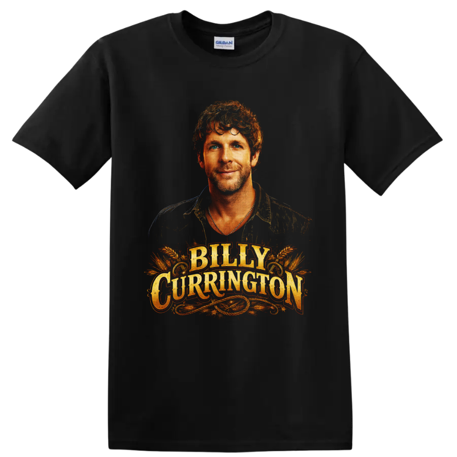 Billy Currington portrait with western gold lettering, wheat stalks, and rope flourishes on a Black T Shirt
