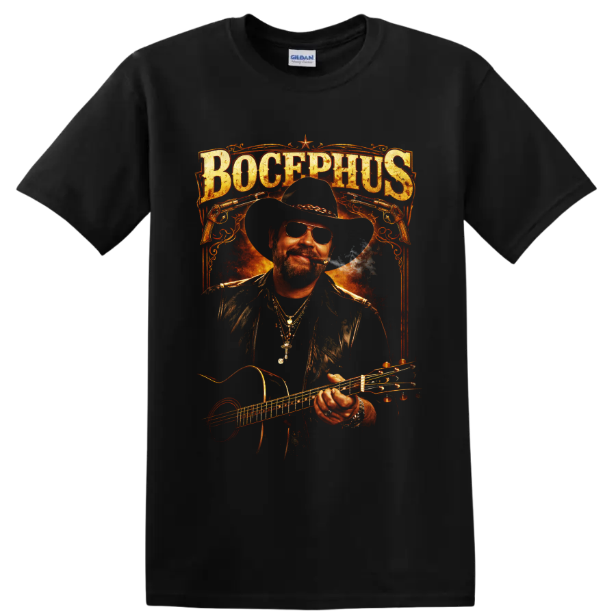 Hank Williams Jr. Bocephus cowboy guitar portrait with Western revolvers and fiery on a Black T Shirt