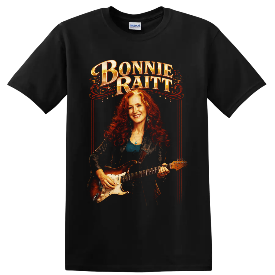 Bonnie Raitt guitarist portrait with ornate red vintage concert poster lettering on a Black T Shirt