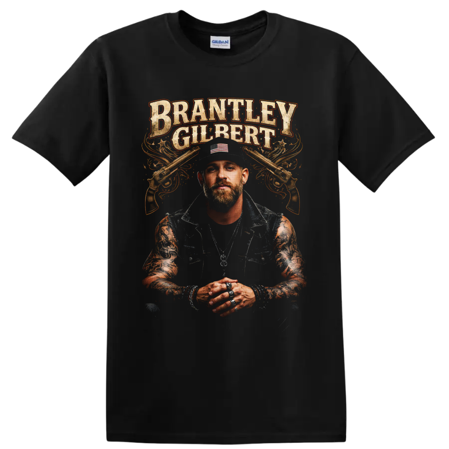 Brantley Gilbert portrait with crossed pistols and distressed western lettering on a Black T Shirt
